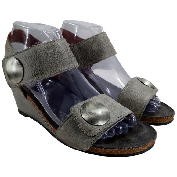 Taos Carousel Gray Leather Wedge Sandals Size 37 US 6-6.5 Adjustable 3209 Pewter - Picture 1 of 14